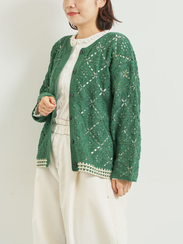 クロシェ編み風カーディガン（ブラック/オレンジ/グリーン