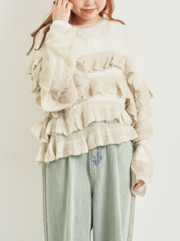 セール】 インナーSETモヘアタッチシアーフリルニット（ブラック