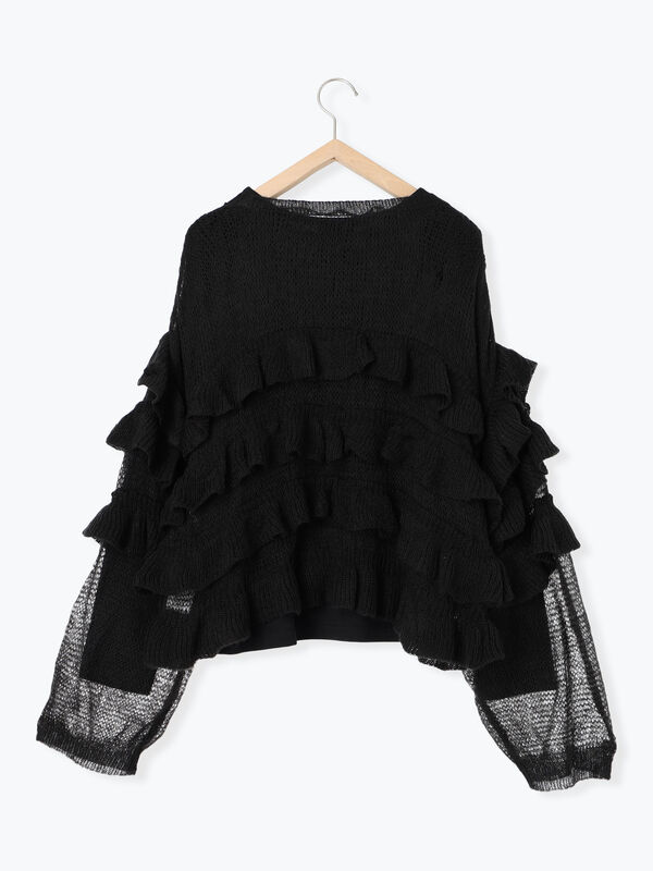 セール】 インナーSETモヘアタッチシアーフリルニット（ブラック