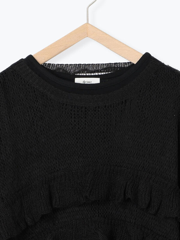 セール】 インナーSETモヘアタッチシアーフリルニット（ブラック