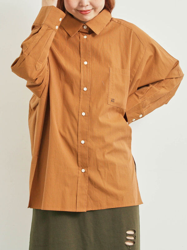 grin ブロードドルマン長袖シャツブラウンストライプ11日迄お値下げ中‼️ ブラウンオーバーストライプシャツ（7223241）｜西脇シリーズ