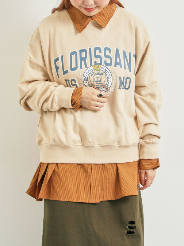 セール】 ミニ裏毛カレッジプリント+刺繍スウェット（グレー/ベージュ