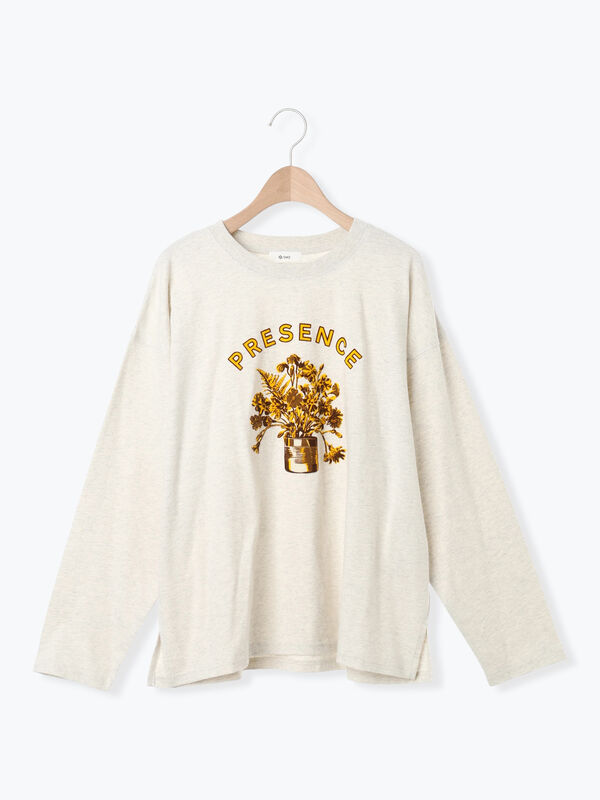 セール】 柄アソートフロッキープリントロングTシャツ（オフホワイト