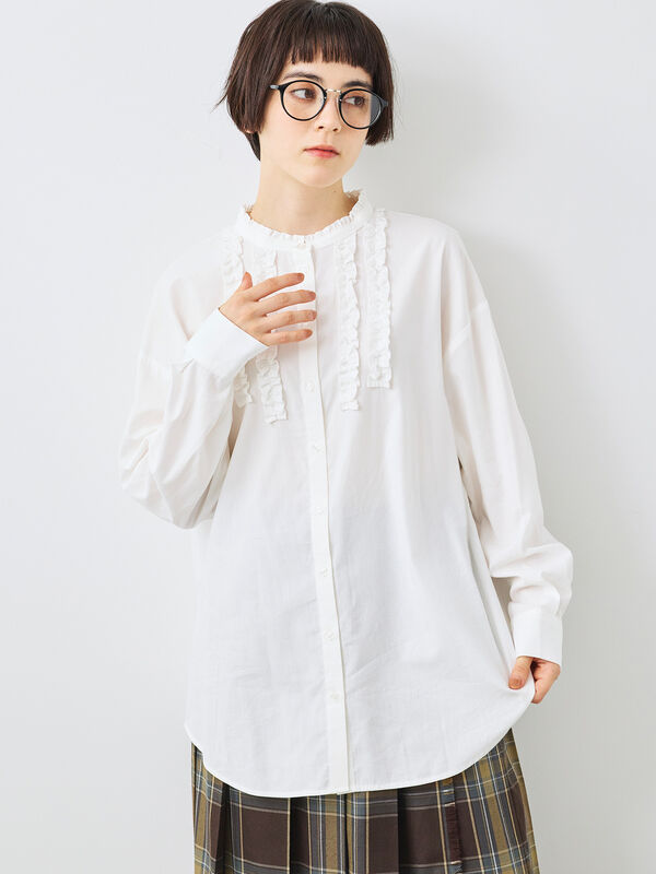 セール】 フリルブラウス（オフホワイト/チャコールグレー/ベージュ
