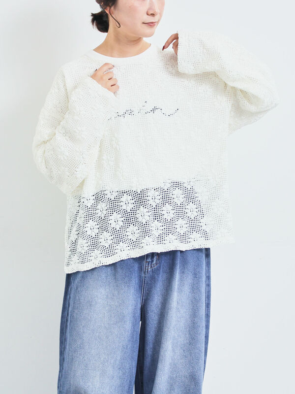 透かし柄ふくれジャカードプルオーバー（グレー/ブラック/キナリ