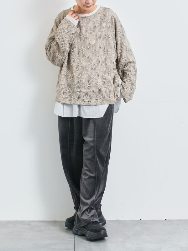 セール】 透かし柄ふくれジャカードプルオーバー（グレー/ブラック