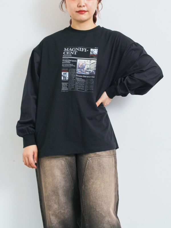 TAU maco様 袖布帛インレイロゴプルオーバー（オフホワイト/チャコールグレー